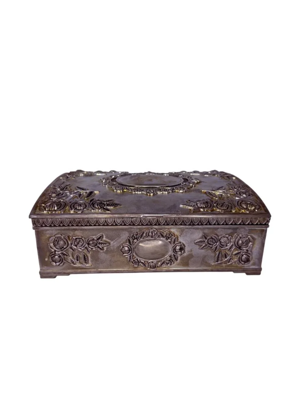 Vintage Godinger Silver‎ Plate Jewelry Box with Roses and Red Velvet Interior